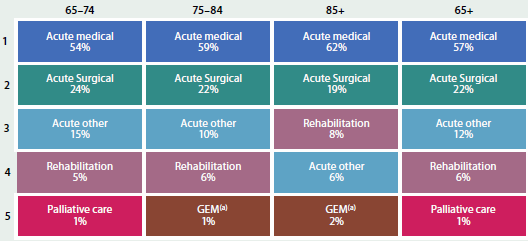 A table listing the top five types of care sought by hospitalised Australians aged 65+ in 2013-14. Acute medical care was the top type of care for all age groups, followed by acute surgical care.