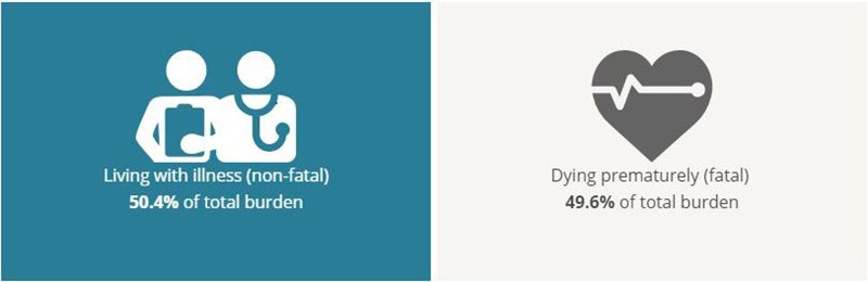 Living with illness (non-fatal) 50.4%25 of total burden. Dying prematurely (fatal) 49.6%25 of total burden.
