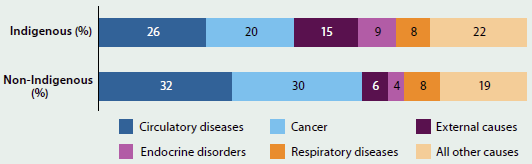 Graph indicating the rates for different causes of death in 2009-2013, for Indigenous and non-Indigenous people. Most people died of circulatory disease (26%25 of Indigenous people, 32%25 of non-Indigenous people). The rate of death from cancer was 10%25 greater for non-Indigenous people.