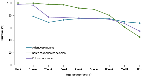 Figure 6 provides 5-year relative survival rates for colorectal cancer, colorectal adenocarcinomas and colorectal neuerondocrine neoplasms. Up to the 65 to 74 age group, neuroendocrine neoplasms have the highest survival rates but for older ages, they are the lowest. The range of 5-year relative survival are 100% for the 0 to 14 age group for neuroendocrine neoplasm to 45% for ages over 85. For adenocarcinomas, the survival ranges from 79% for the 15 to 24 age group to 68% for the age group over 85. Note that there are no 5-year survival rates available for adenocarcinomas for the 0 to 14 age group. For colorectal cancer, the survival rates range from 98% for the 0 to 14 age group and 55% for the age group over 85.