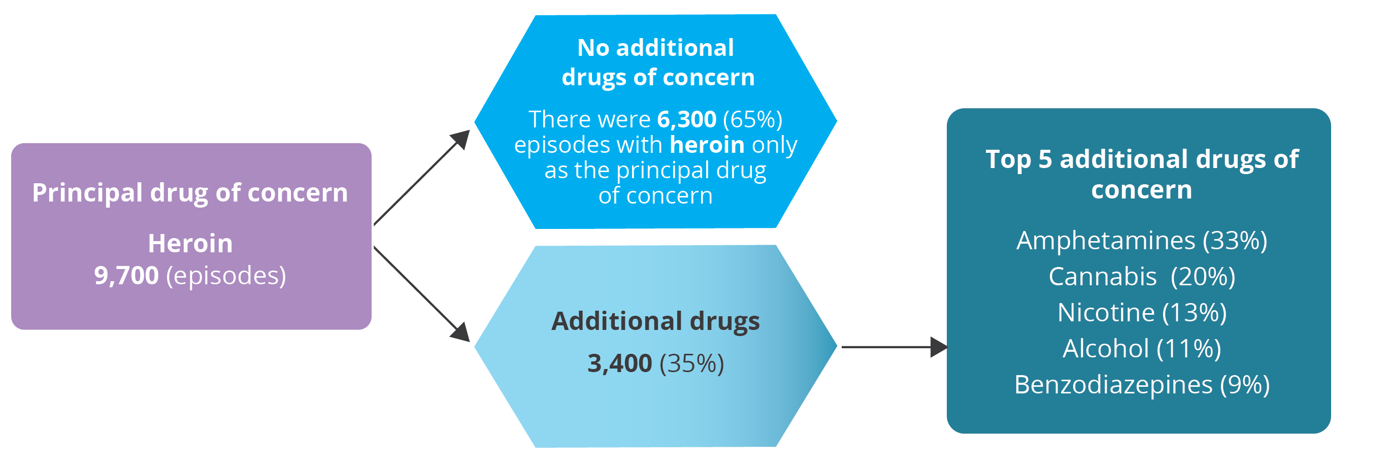 The flow chart shows heroin as a principal drug of concern broken down by additional drugs of concern.