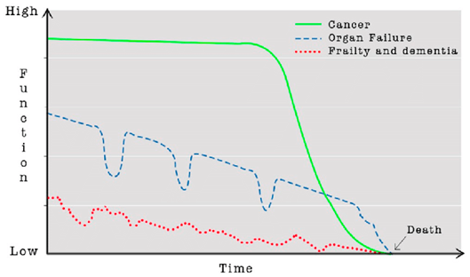 This figure shows end-of-life trajectories including cancer, organ failure, frailty and dementia against time and function.