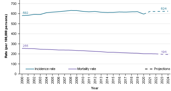 Figure 1 shows the age-standardised incidence rates increasing from 582 cases per 100,000 people to an estimated 624 cases per 100,000 people between 2000 and 2024. The age-standardised mortality rate decreased over the same period from 255 deaths per 100,000 people to 194 deaths per 100,000 people.