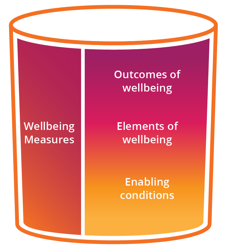 The CWDA is represented as a cylindrical container. Inside the container are “wellbeing measures” to the left, which correspond to “outcomes of wellbeing”, “elements of wellbeing” and “enabling conditions” to the right. The outcomes, elements and enabling conditions are interlinked, as represented by a gradient of colours.
