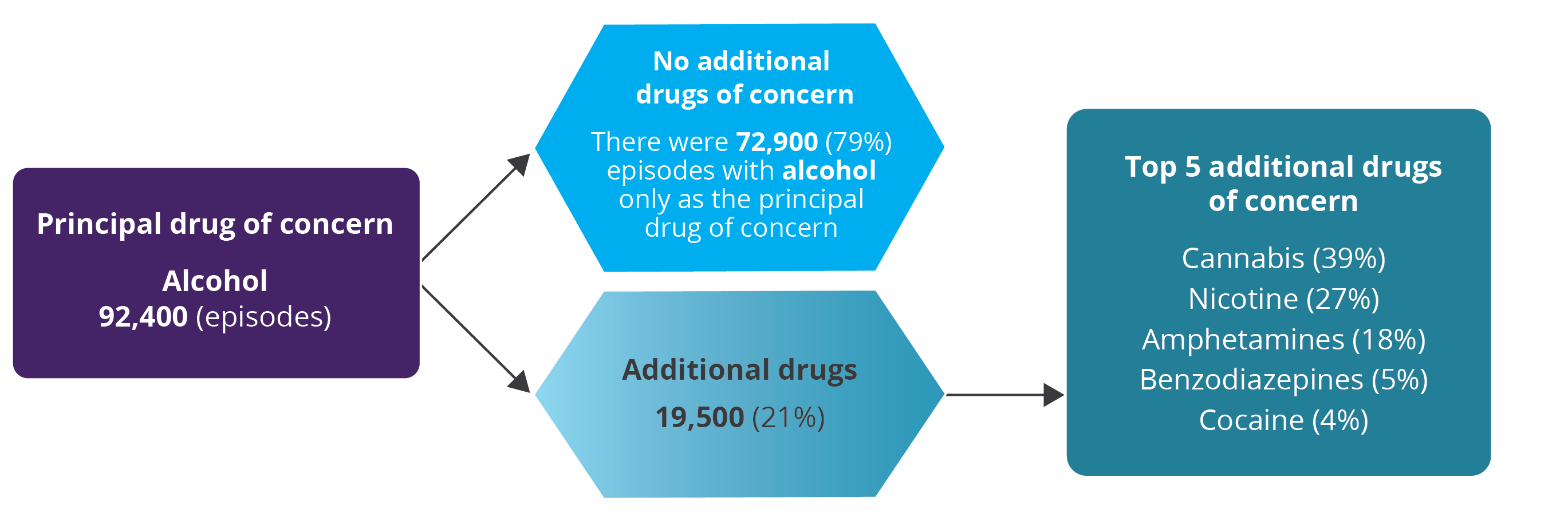 The flow chart shows alcohol as a principal drug of concern broken down by additional drugs of concern.