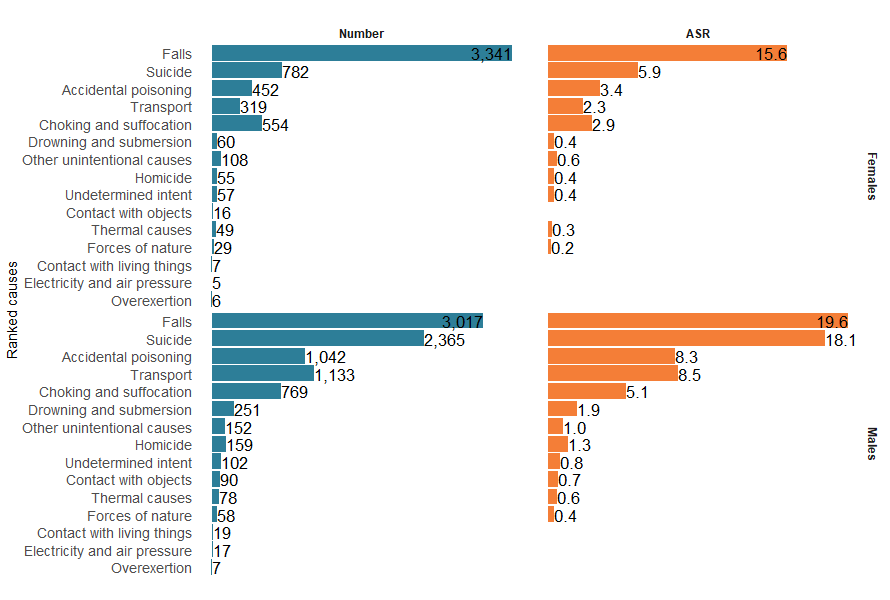 Figure 9 shows ranked numbers and age-standardised of injury deaths, by causes and sex.  Falls were the top cause of injury deaths for both sexes.